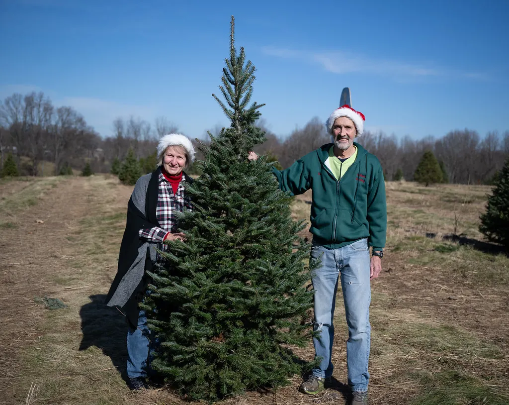 Two visitors standing beside the evergreen they picked out in the field.